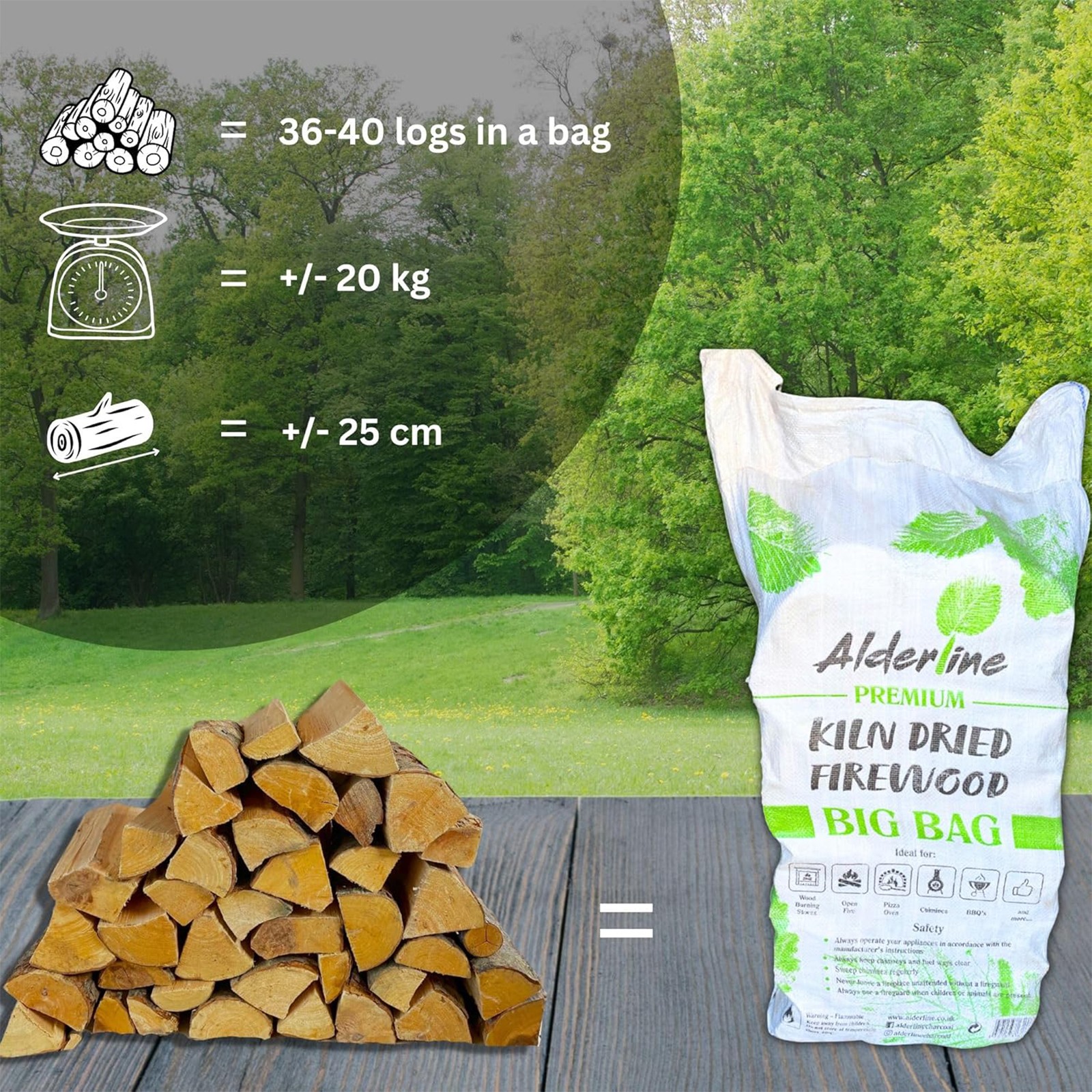 alderline 20kg bag of kiln dried birch firewood