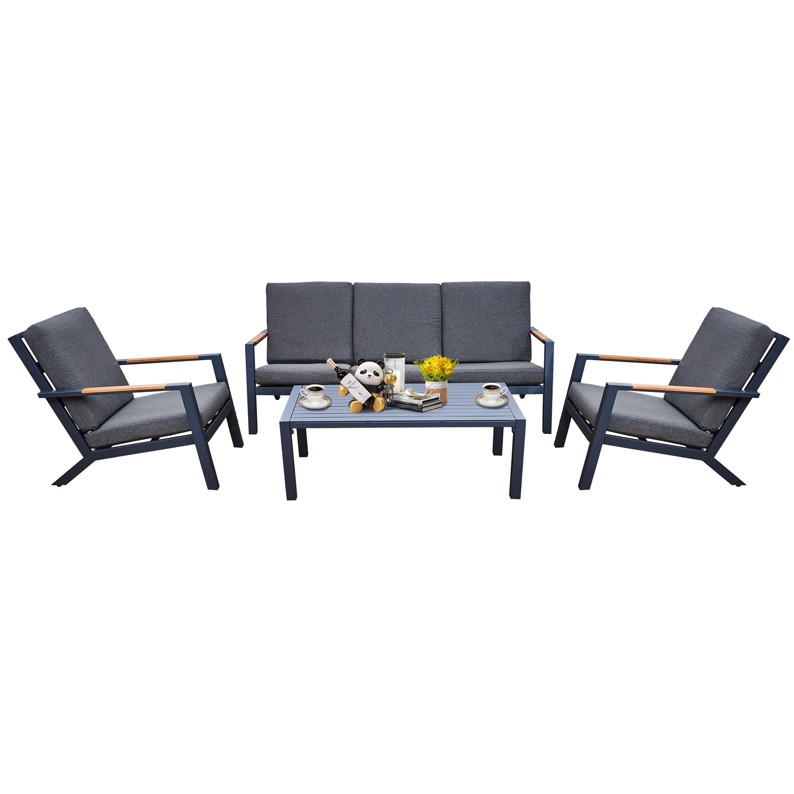 malibu aluminium 5 seat lounge set in grey with olefin cushions & syn teak arms