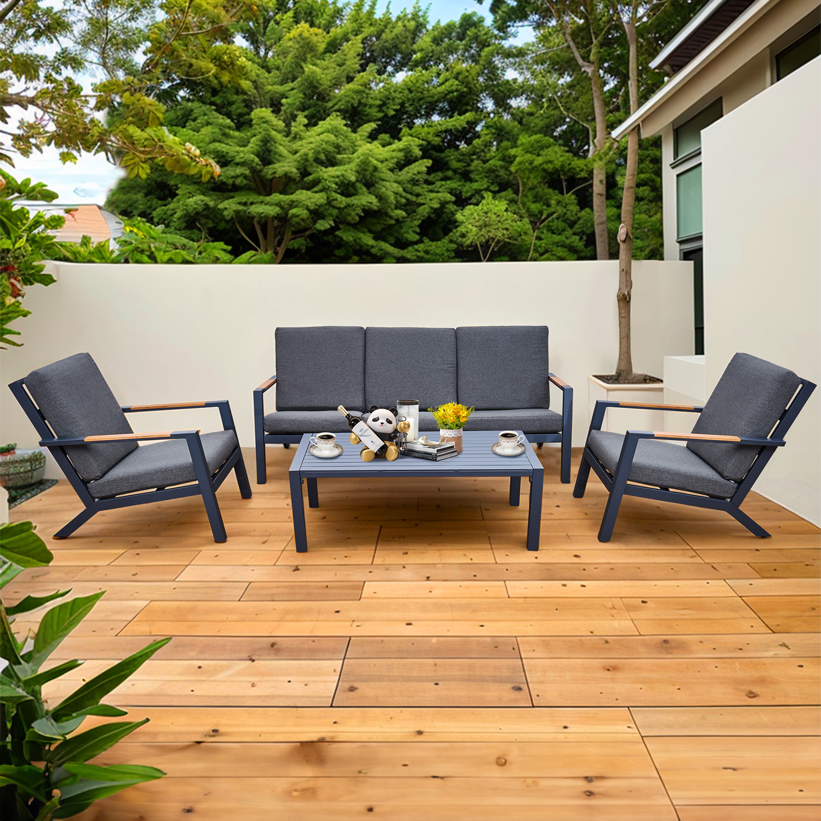 malibu aluminium 5 seat lounge set in grey with olefin cushions & syn teak arms