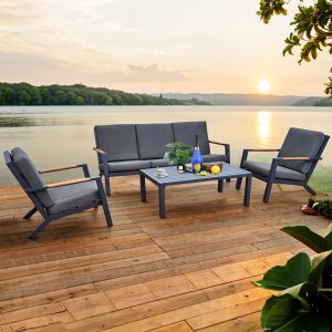 malibu aluminium 5 seat lounge set in grey with olefin cushions & syn teak arms