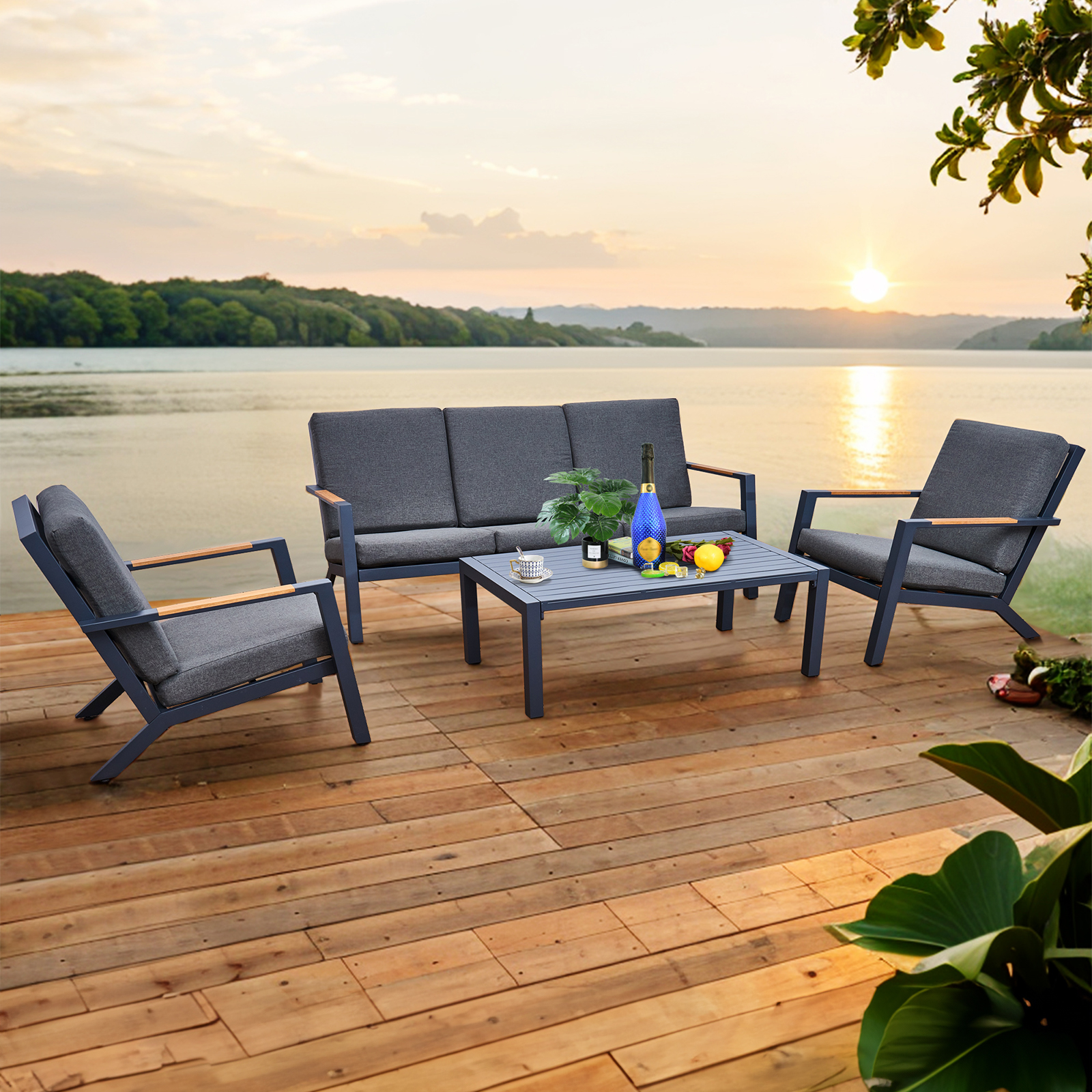 malibu aluminium 5 seat lounge set in grey with olefin cushions & syn teak arms