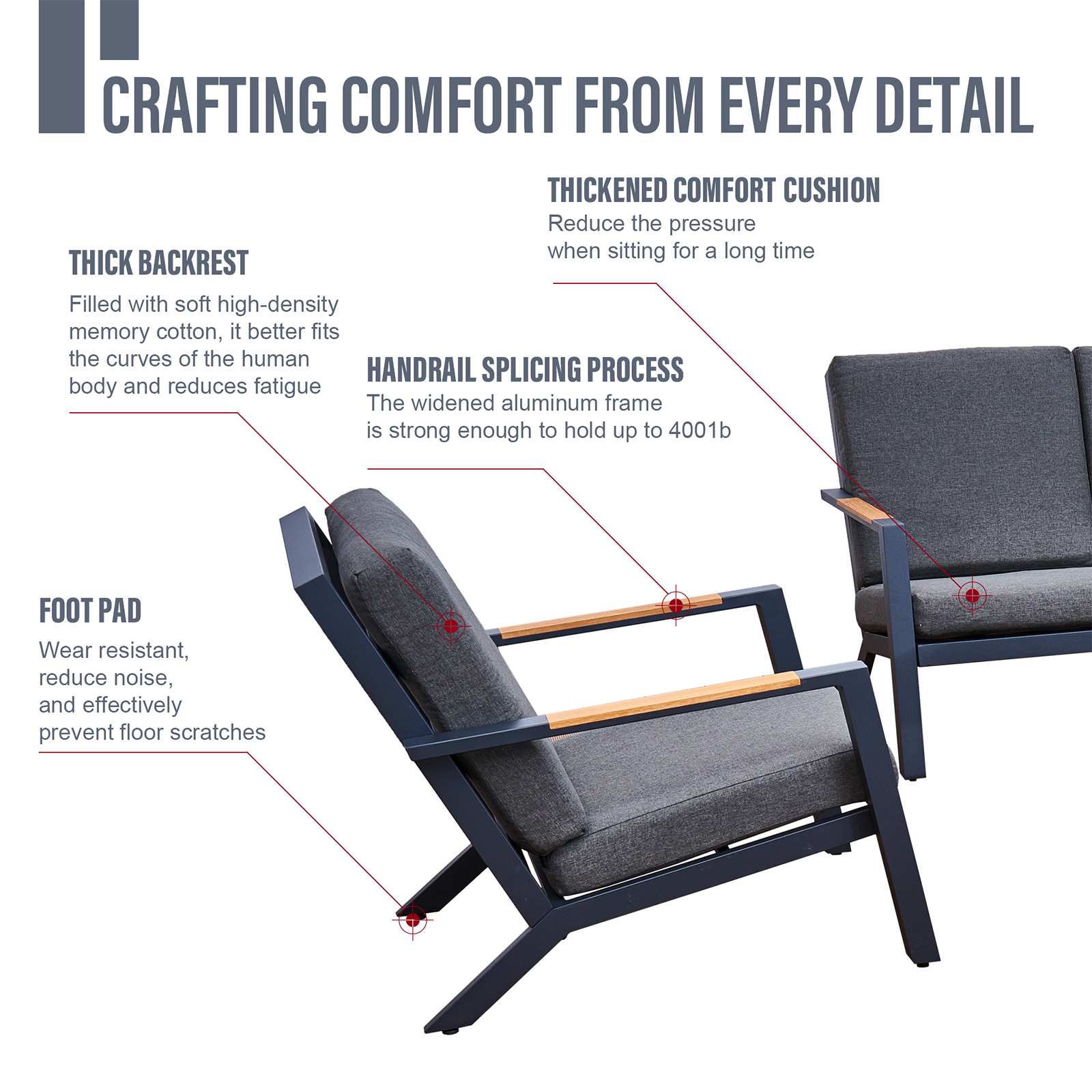 malibu aluminium 5 seat lounge set in grey with olefin cushions & syn teak arms