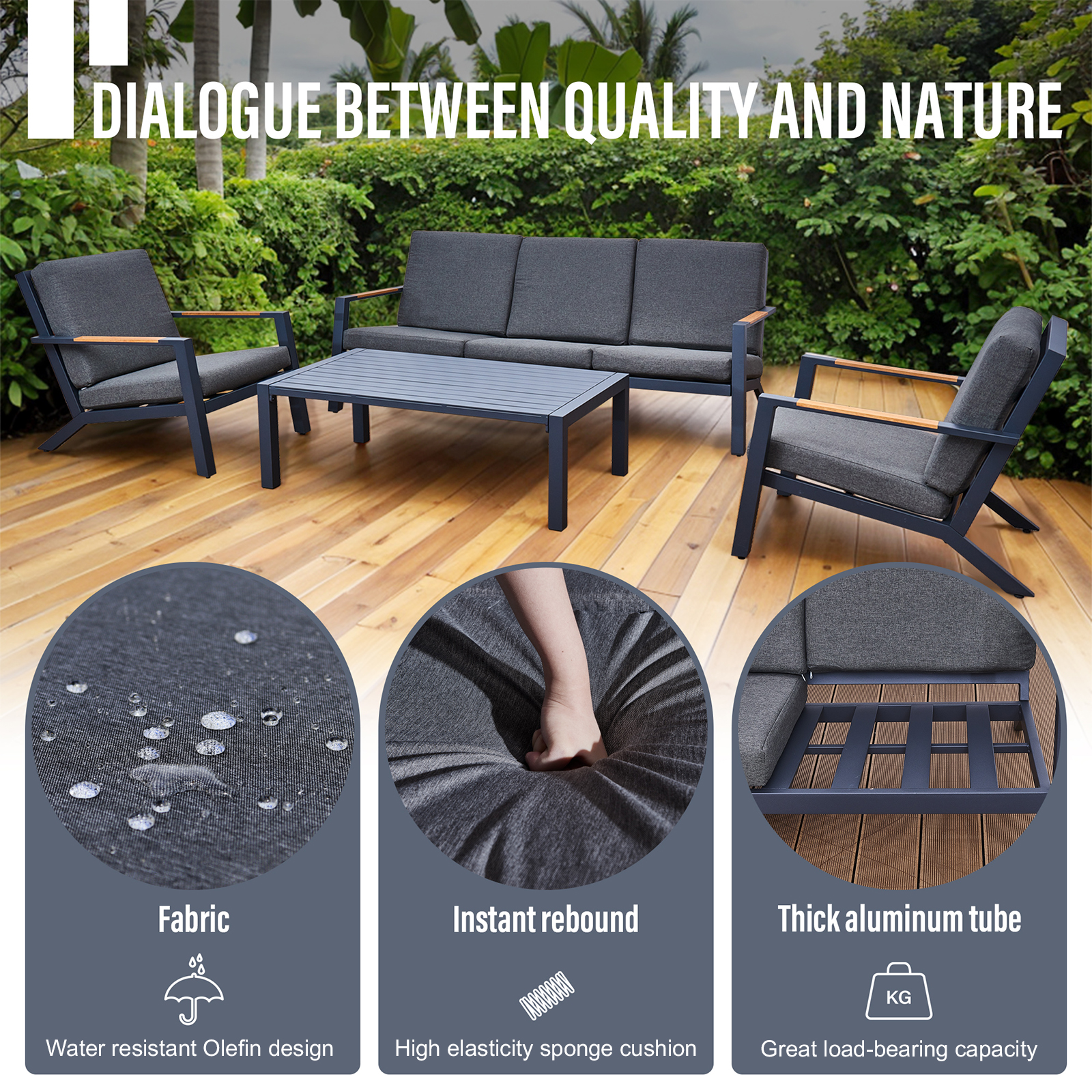 malibu aluminium 5 seat lounge set in grey with olefin cushions & syn teak arms