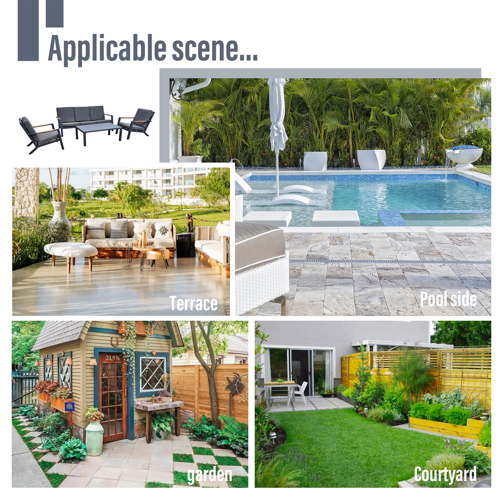 malibu aluminium 5 seat lounge set in grey with olefin cushions & syn teak arms