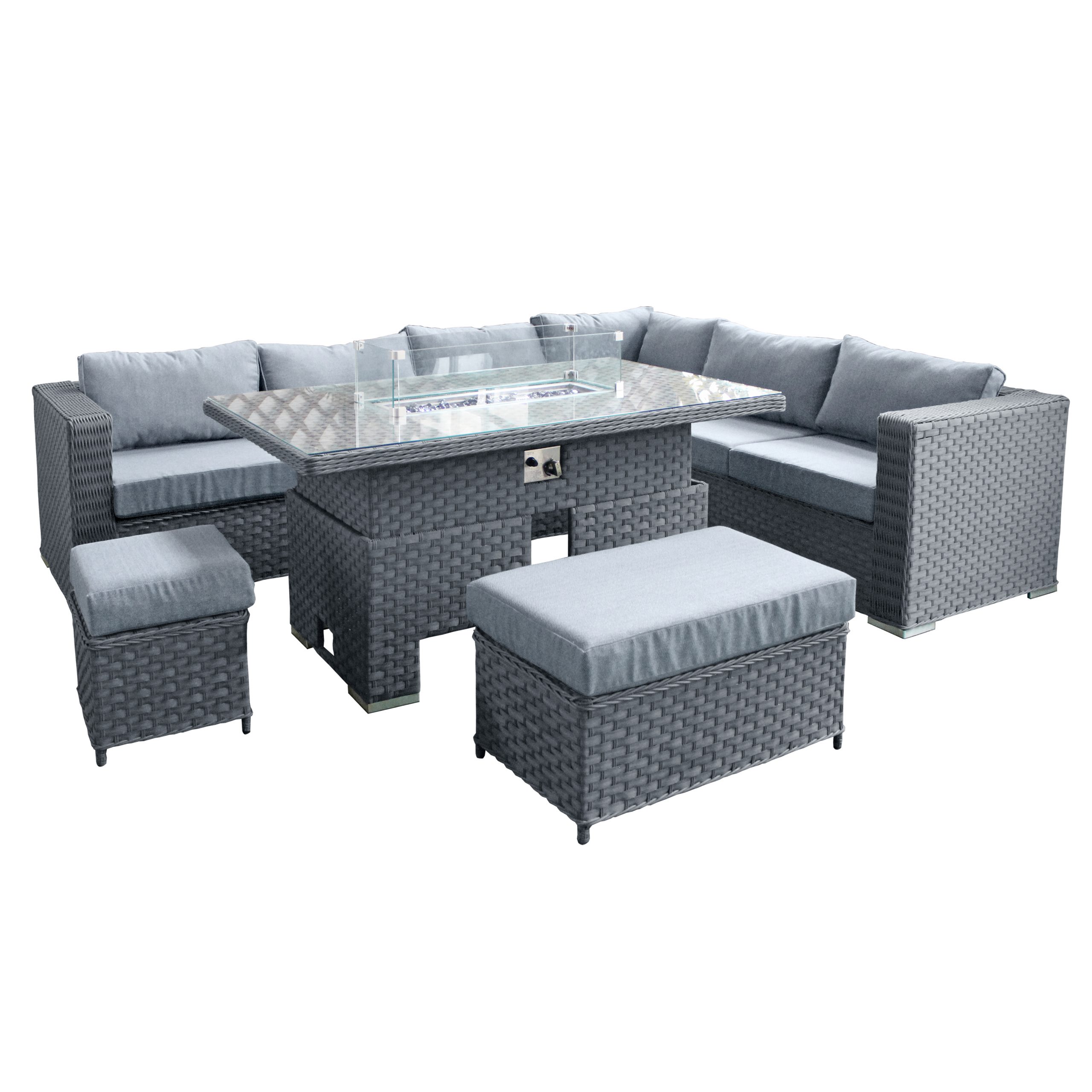 buxton rattan 9 seat rising firepit corner set in ocean grey with grey cushions