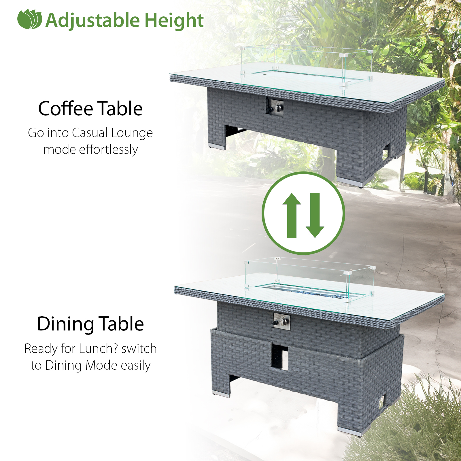 buxton rattan 9 seat rising firepit corner set in ocean grey with grey cushions