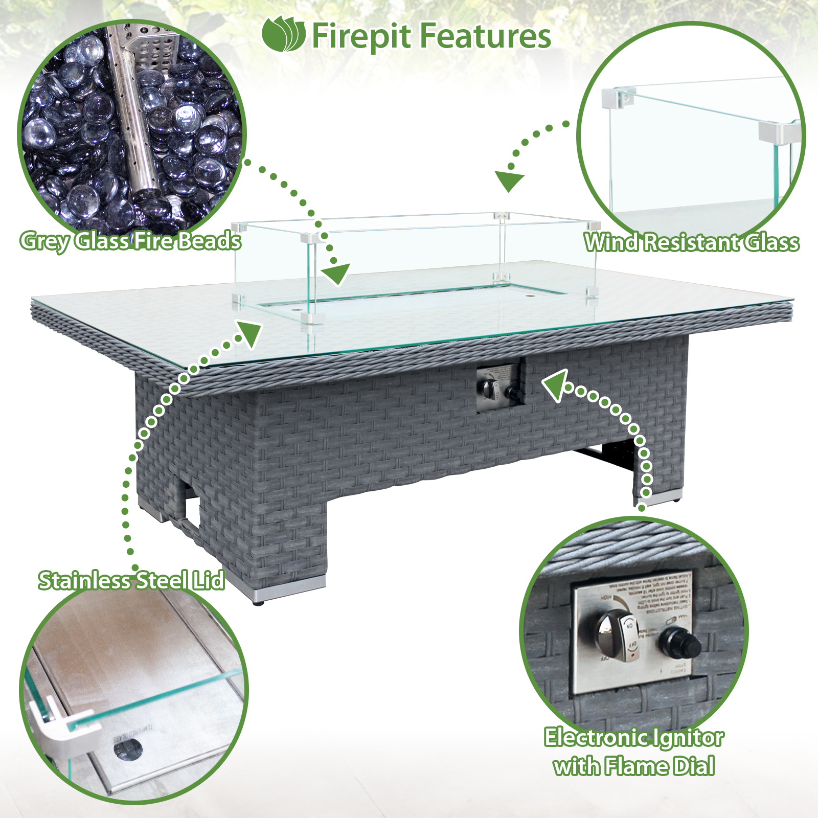 buxton rattan 9 seat rising firepit corner set in ocean grey with grey cushions