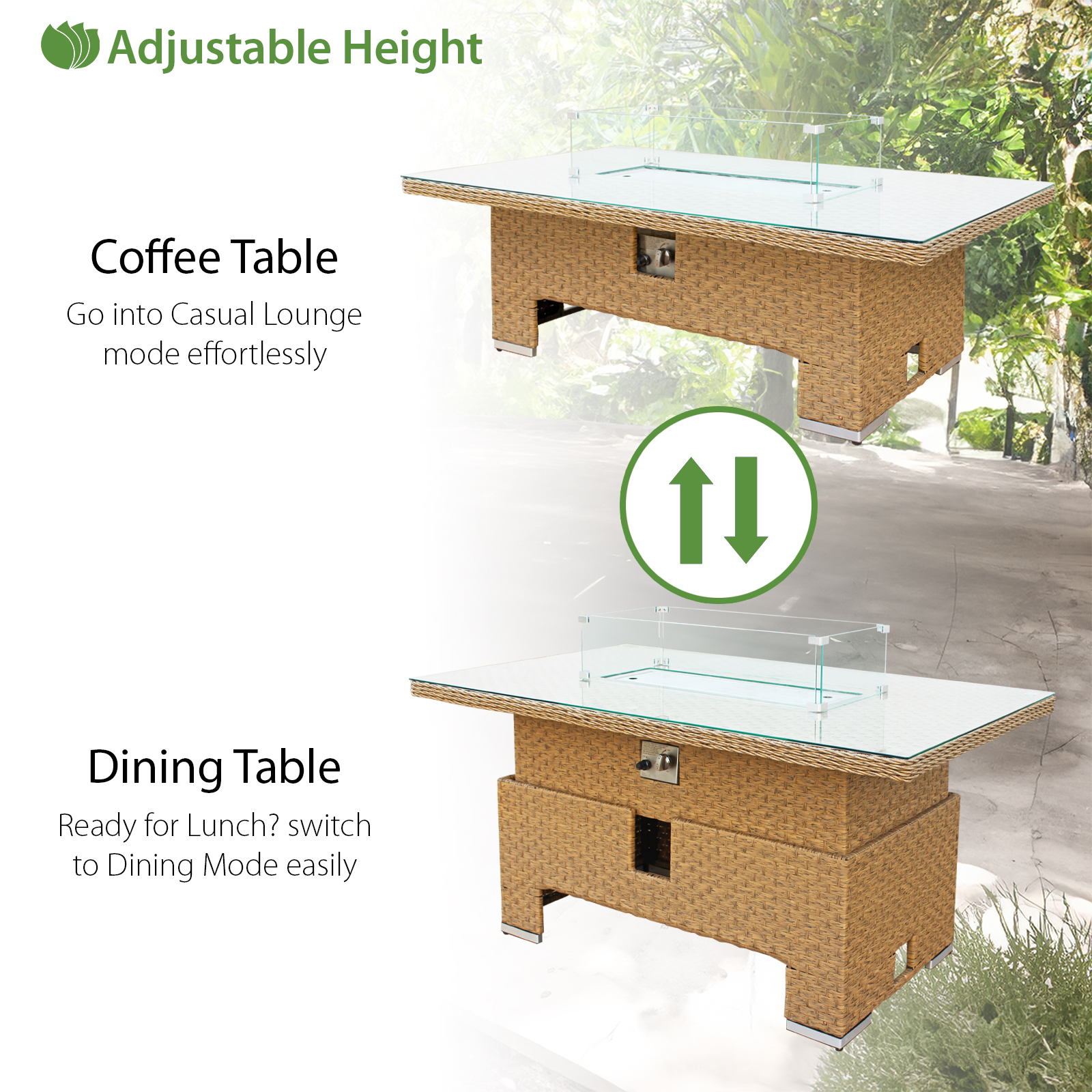 buxton rattan 9 seat rising firepit corner set in mixed brown with taupe cushions