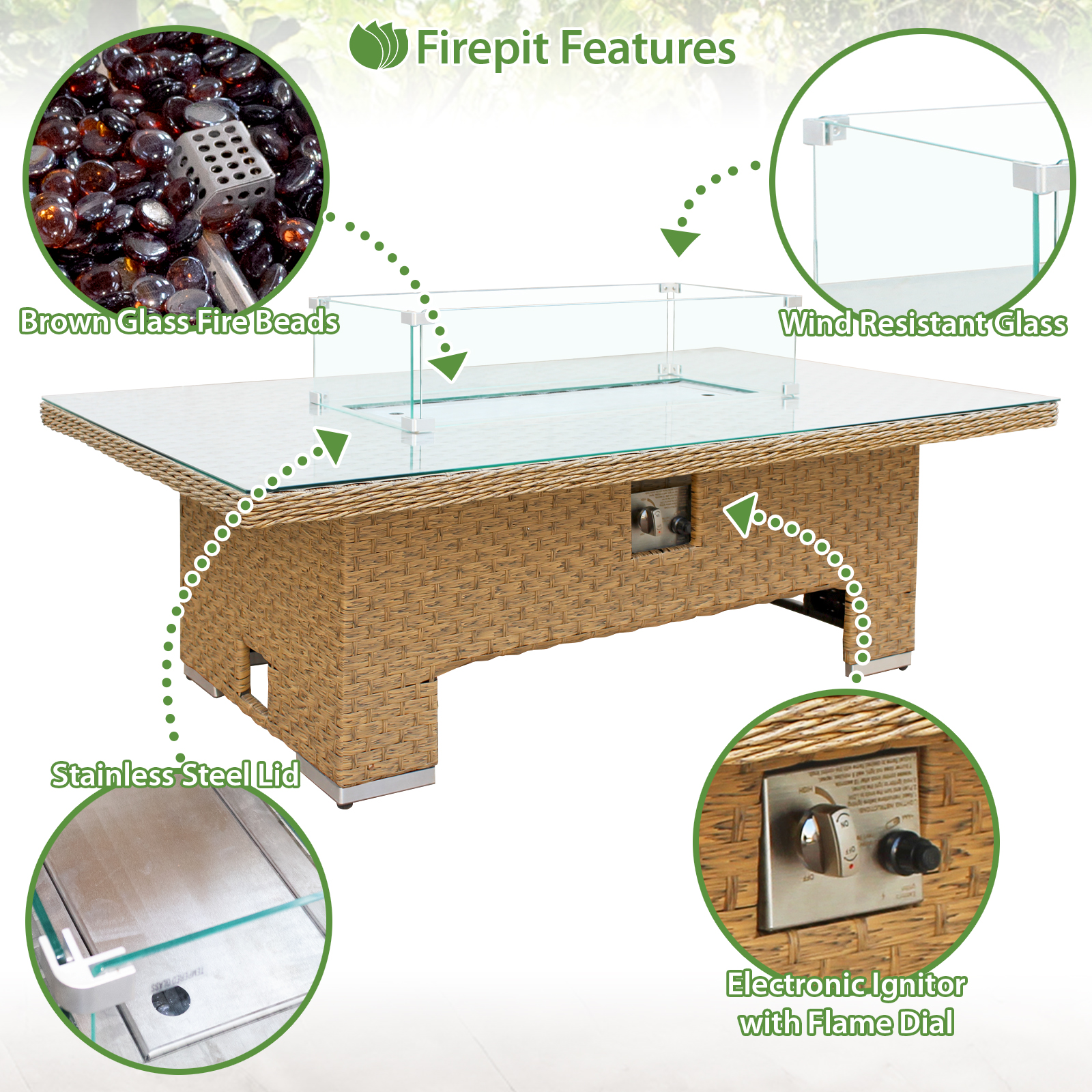 buxton rattan 9 seat rising firepit corner set in mixed brown with taupe cushions