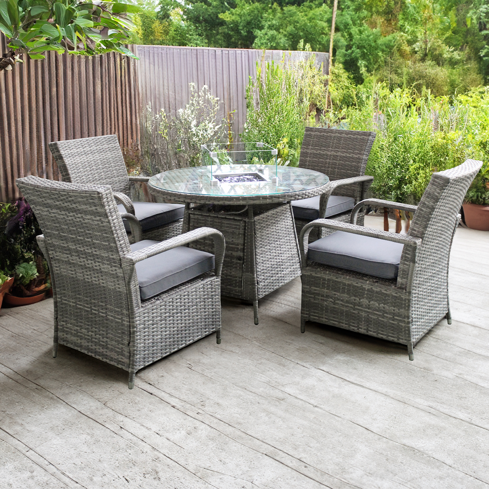 windsor rattan 4 seat firepit dining set in mixed grey
