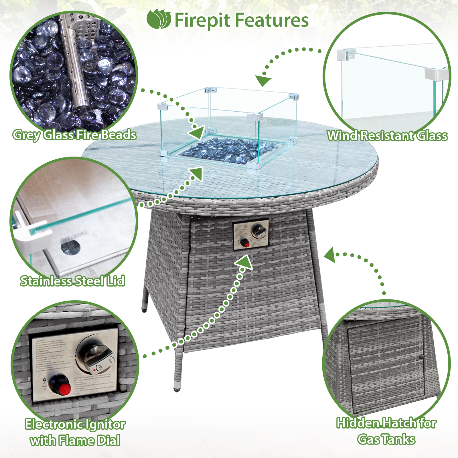 windsor rattan 4 seat firepit dining set in mixed grey