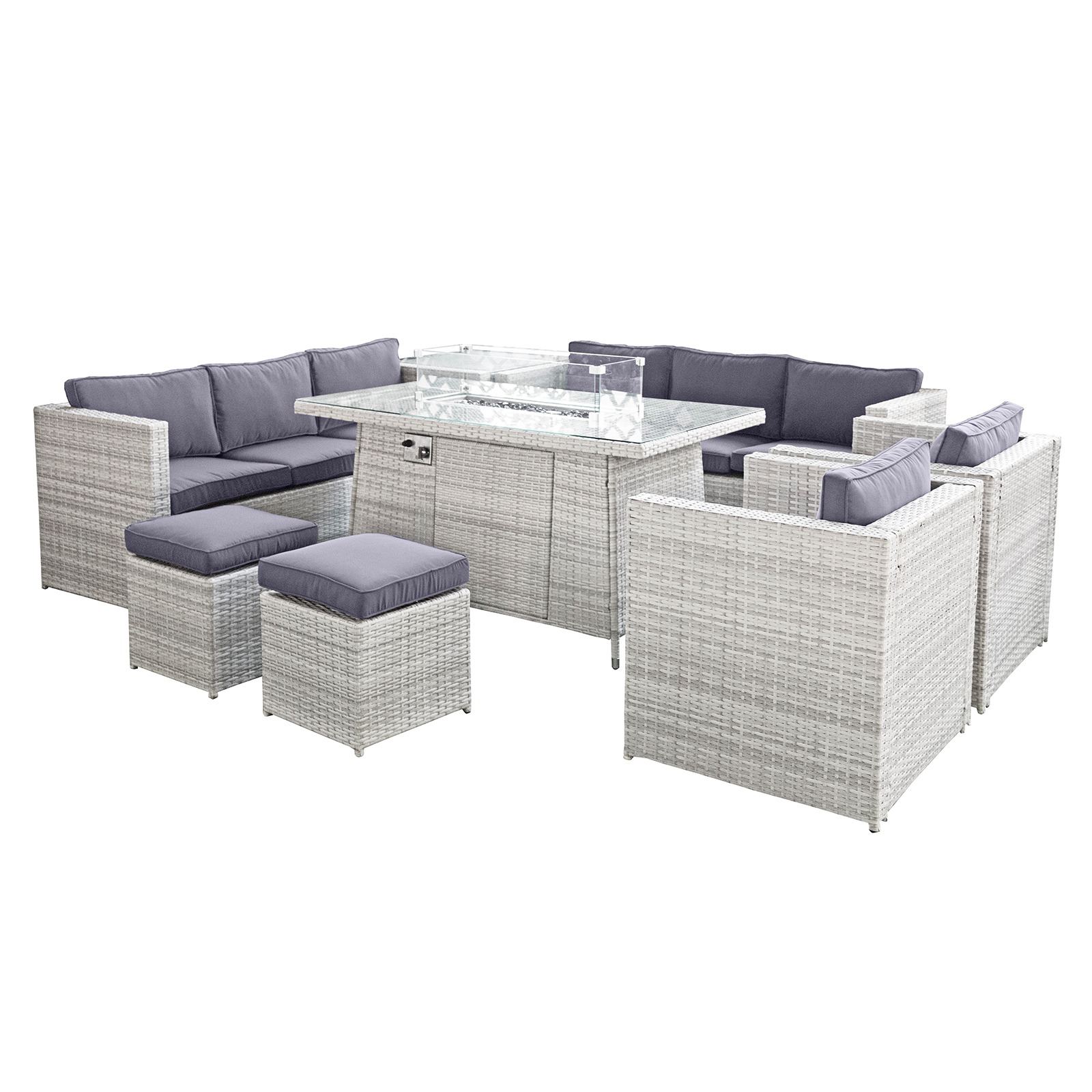 malta rattan 10 seat firepit u shape sofa set in sandy white with deep purple cushions