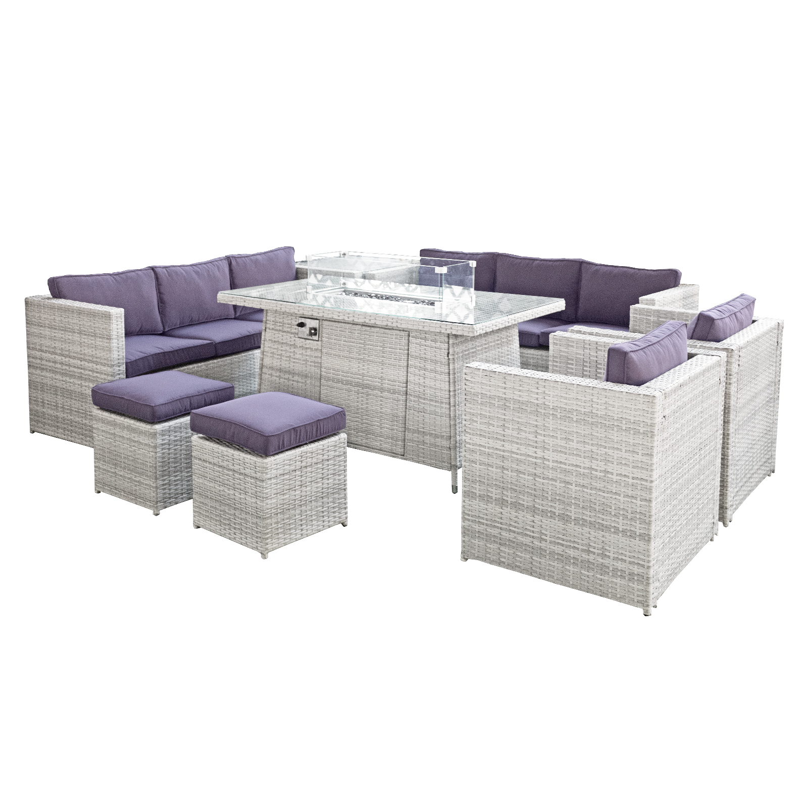 malta rattan 10 seat firepit u shape sofa set in sandy white with deep purple cushions