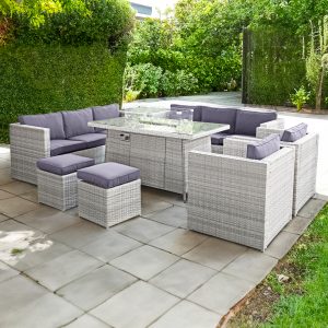malta rattan 10 seat firepit u shape sofa set in sandy white with deep purple cushions