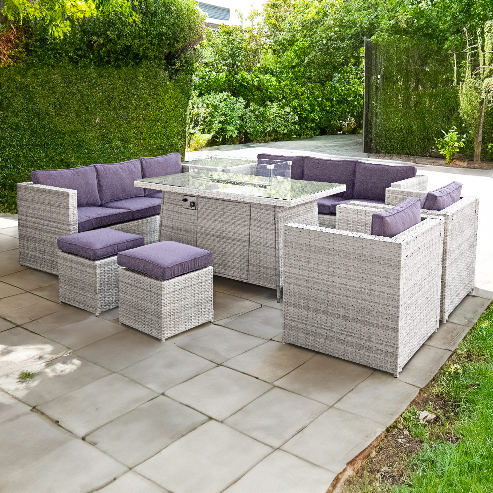 malta rattan 10 seat firepit u shape sofa set in sandy white with deep purple cushions