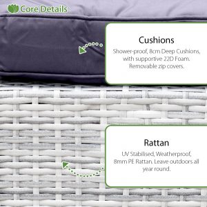 malta rattan 10 seat firepit u shape sofa set in sandy white with deep purple cushions