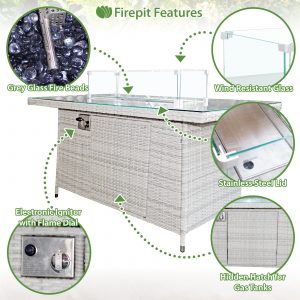 malta rattan 10 seat firepit u shape sofa set in sandy white with deep purple cushions