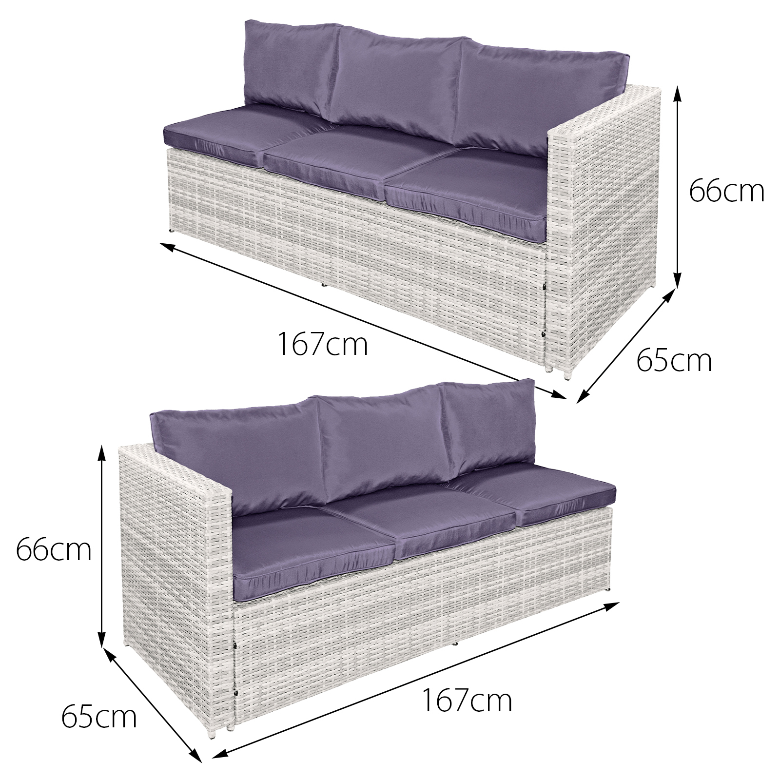 malta rattan 10 seat firepit u shape sofa set in sandy white with deep purple cushions