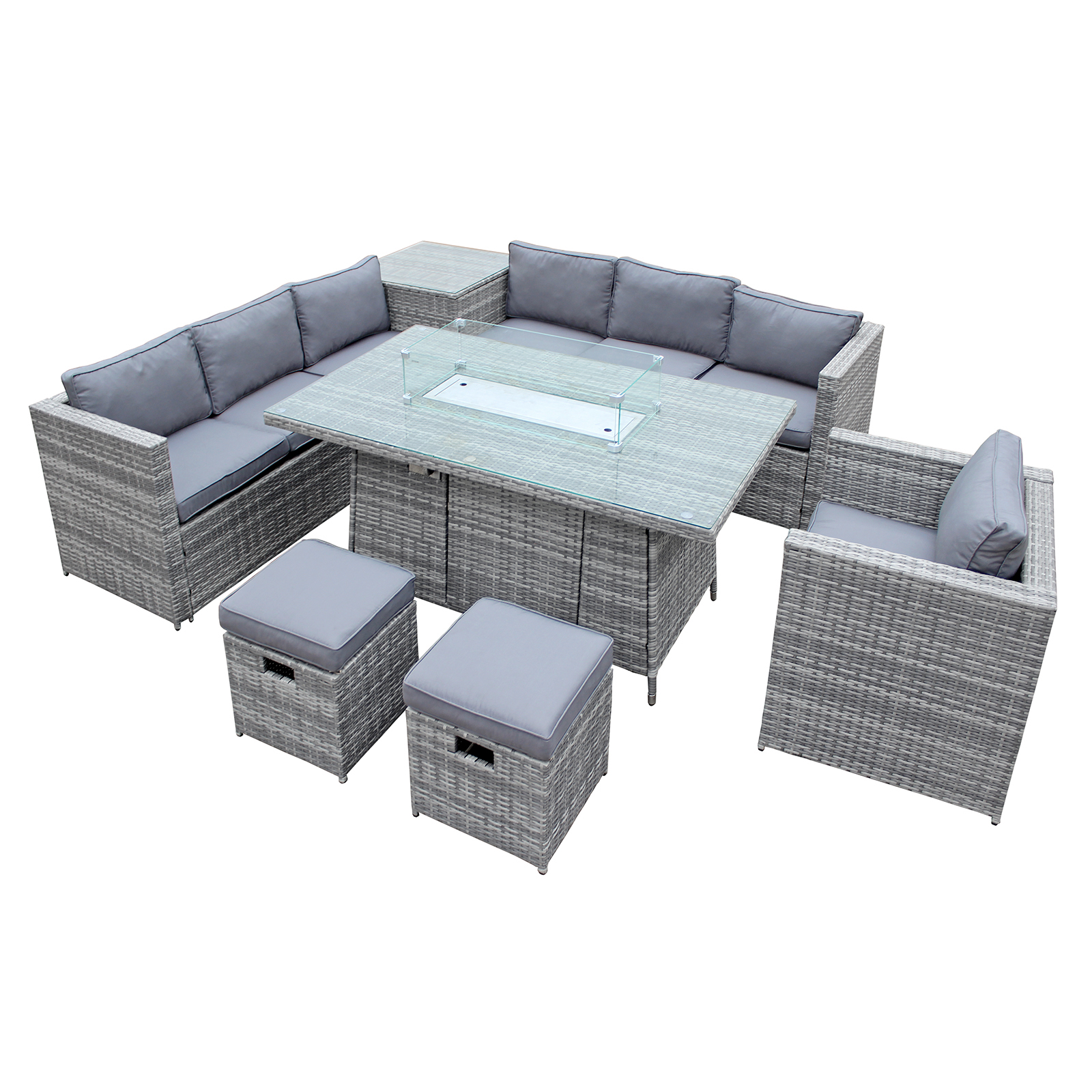 malta rattan 9 seat firepit u shape sofa set in mixed grey with grey cushions