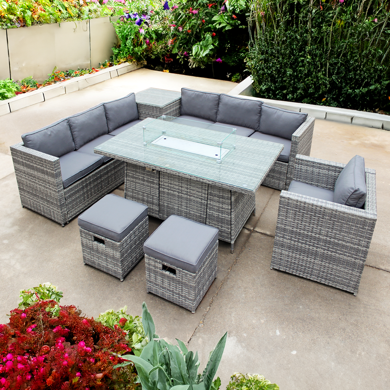 malta rattan 9 seat firepit u shape sofa set in mixed grey with grey cushions