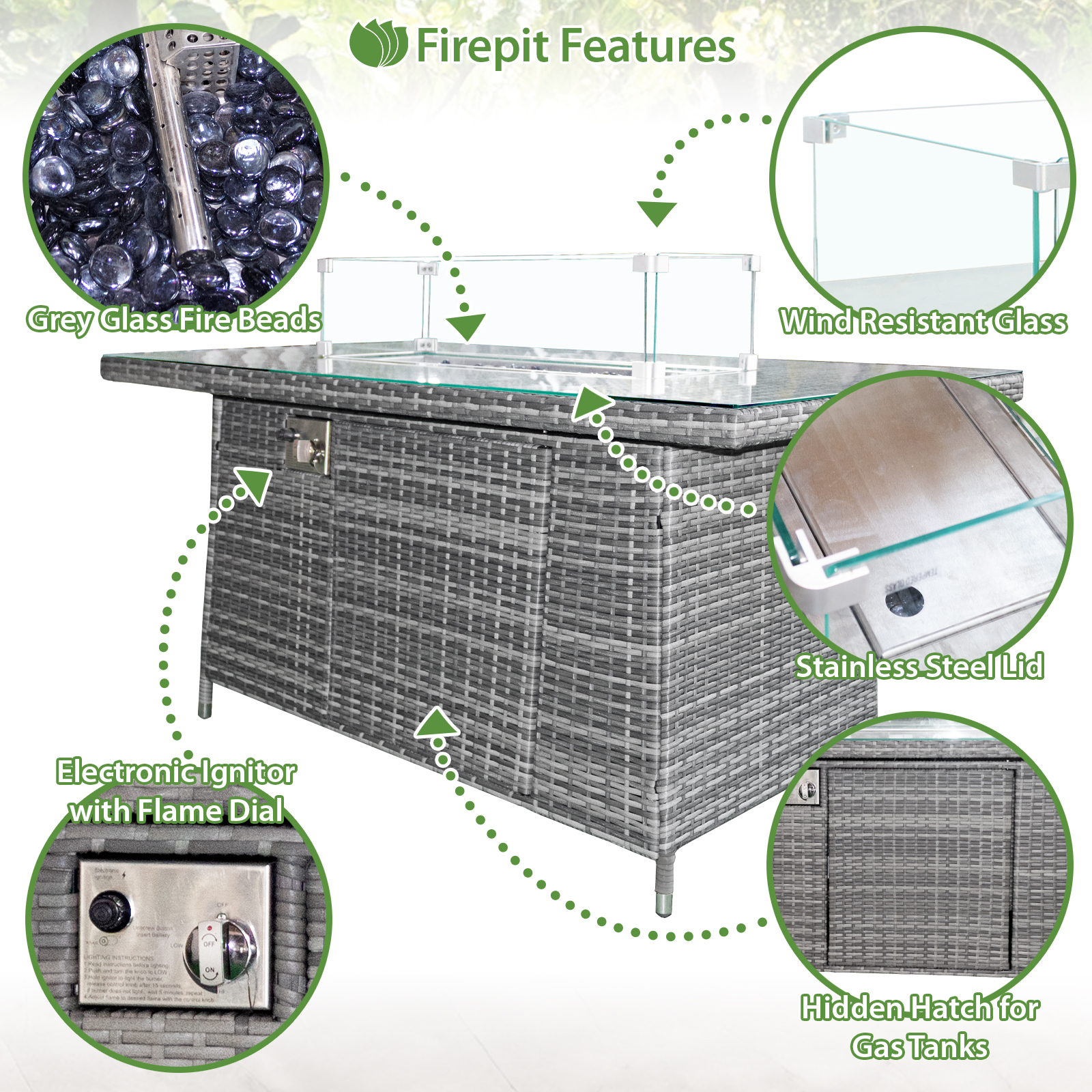 malta rattan 9 seat firepit u shape sofa set in mixed grey with grey cushions