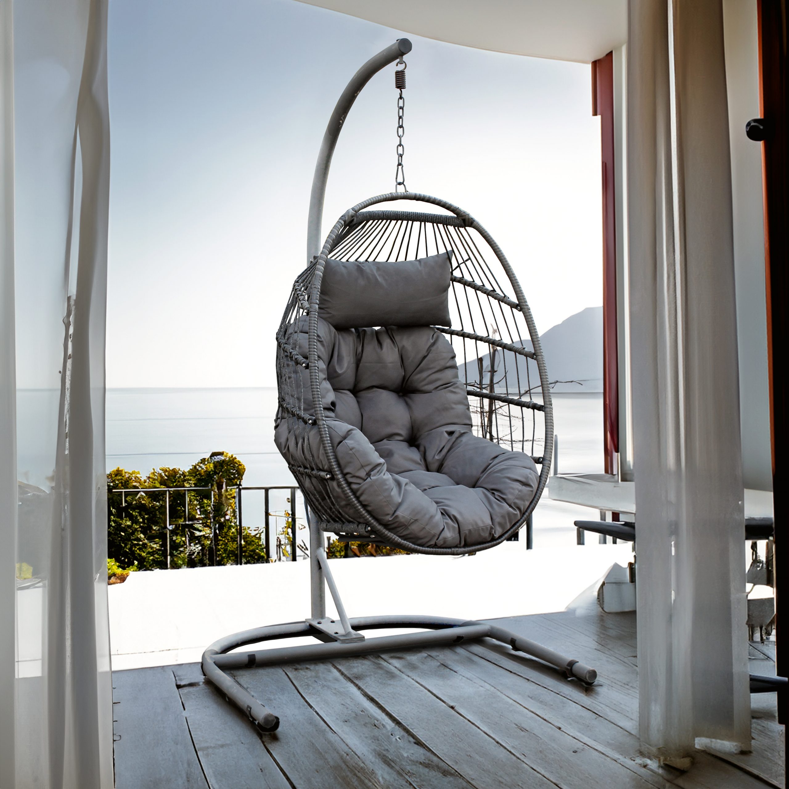 bali rattan hanging egg chair in mixed grey