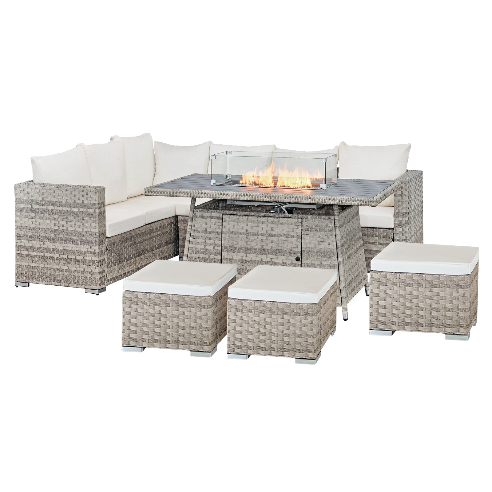 acorn rattan 9 seat corner firepit set in dove grey