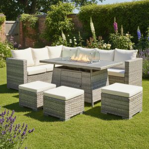 acorn rattan 9 seat corner firepit set in dove grey