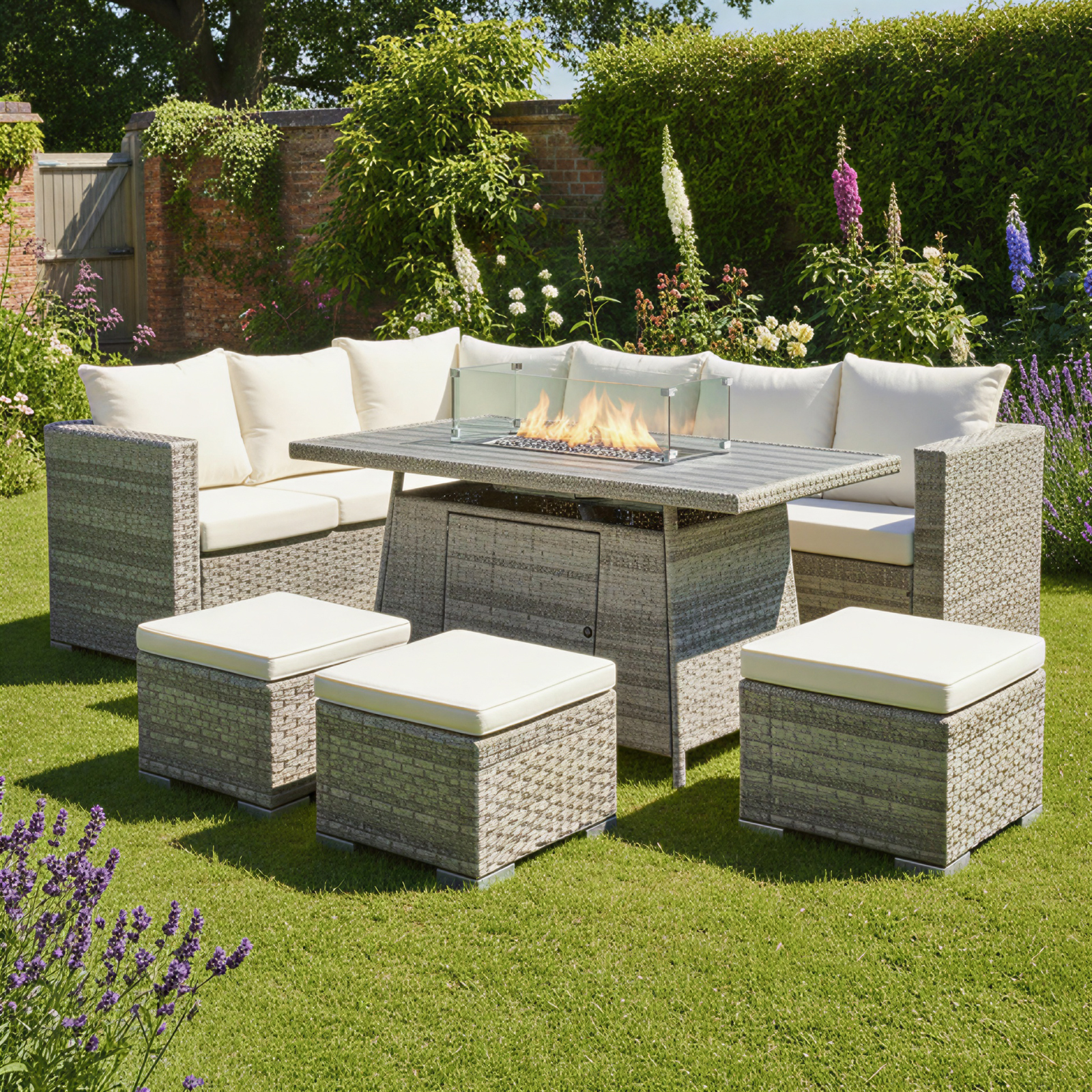 acorn rattan 9 seat corner firepit set in dove grey
