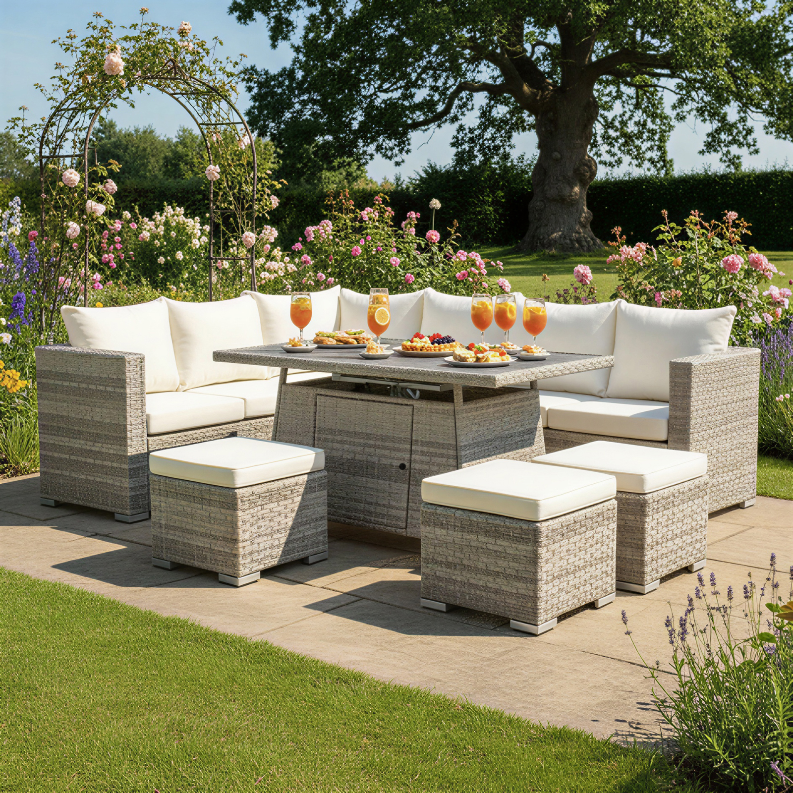 acorn rattan 9 seat corner firepit set in dove grey