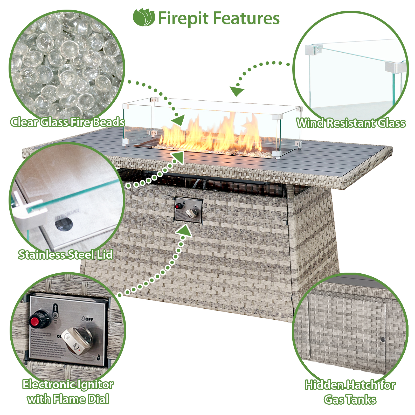 acorn rattan 9 seat corner firepit set in dove grey