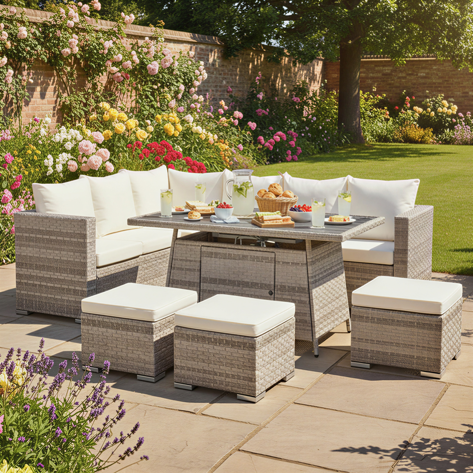acorn rattan 9 seat corner firepit set in dove grey