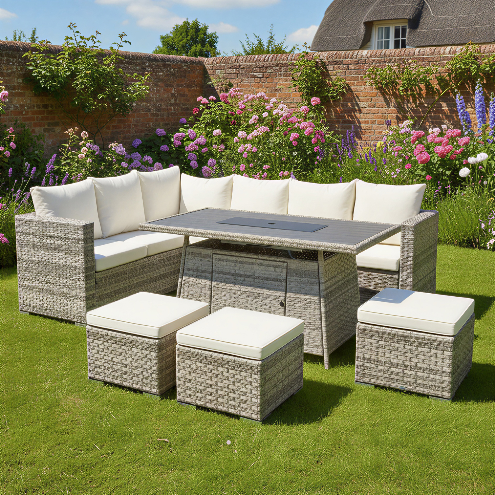 acorn rattan 9 seat corner firepit set in dove grey