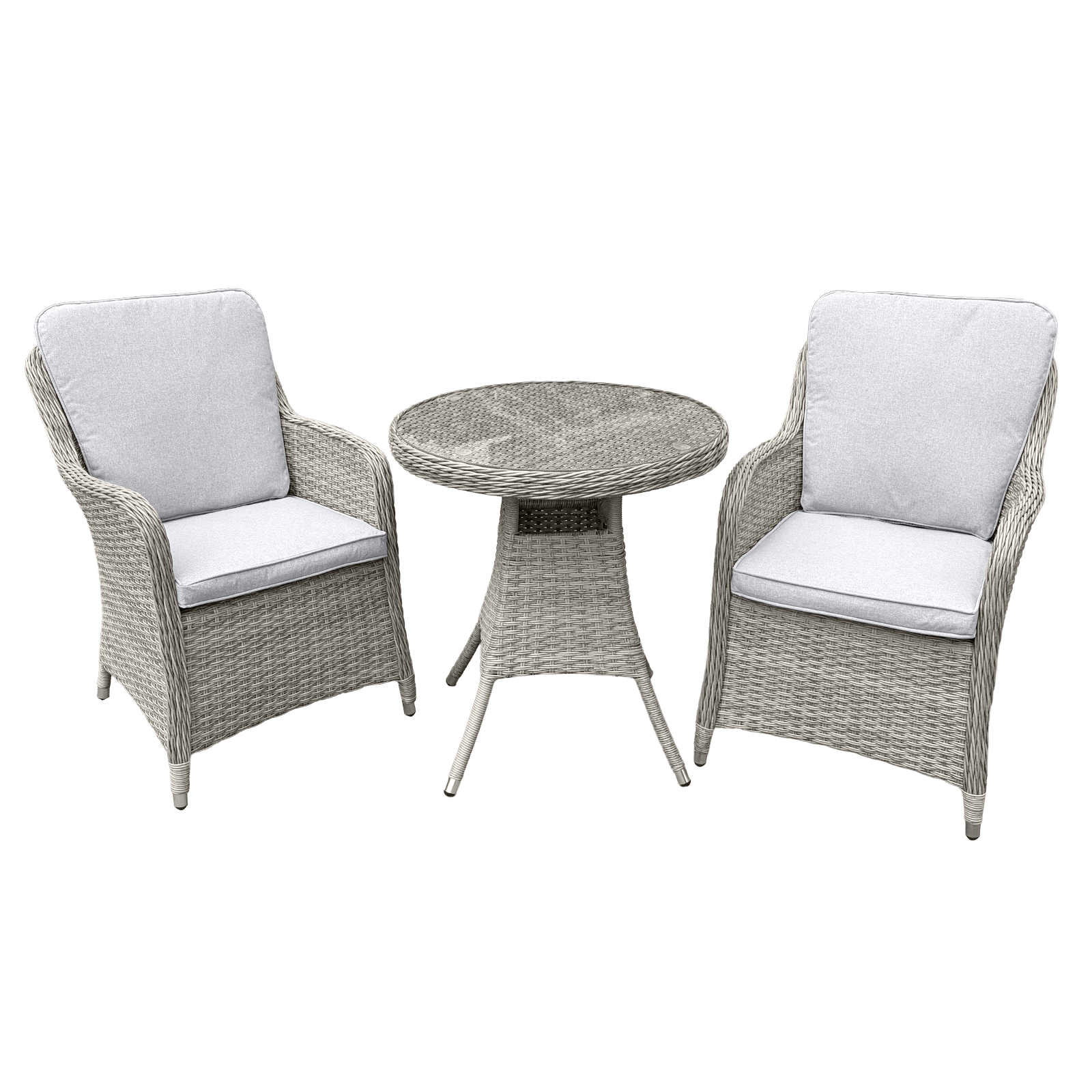 hampton rattan 2 seat bistro set in dove grey with light grey cushions