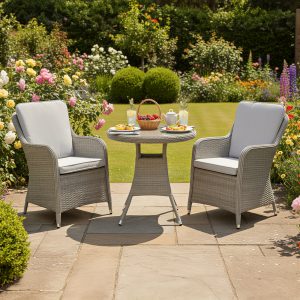 hampton rattan 2 seat bistro set in dove grey with light grey cushions