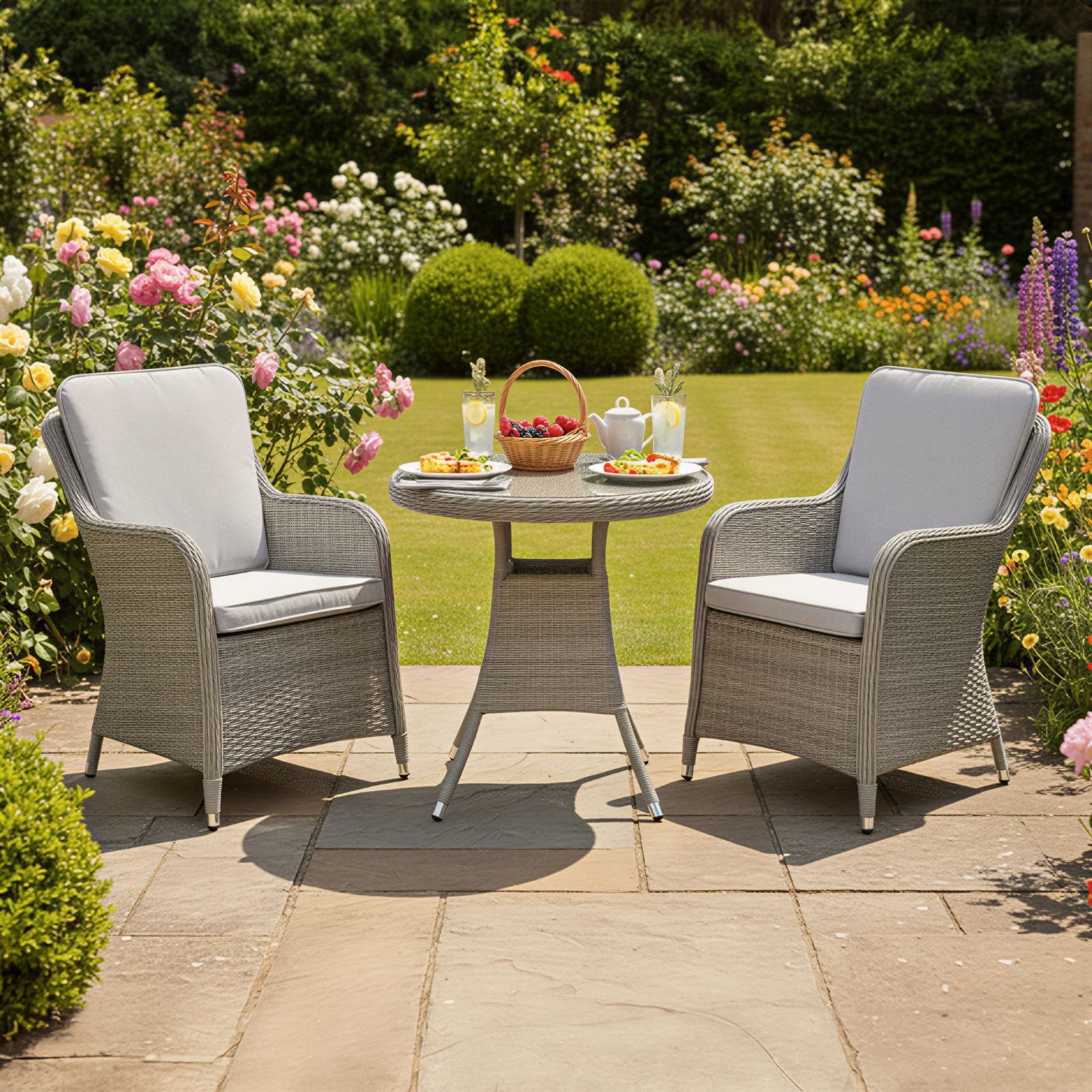 hampton rattan 2 seat bistro set in dove grey with light grey cushions