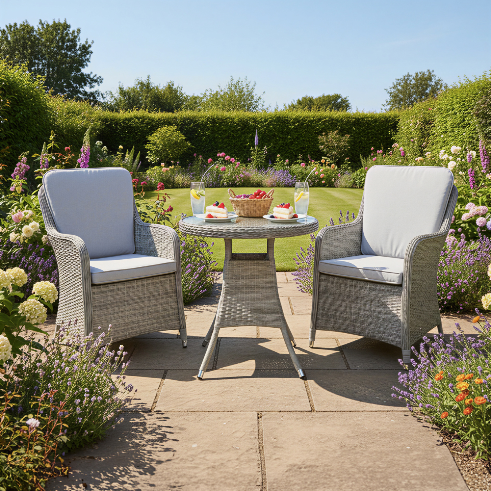 hampton rattan 2 seat bistro set in dove grey with light grey cushions