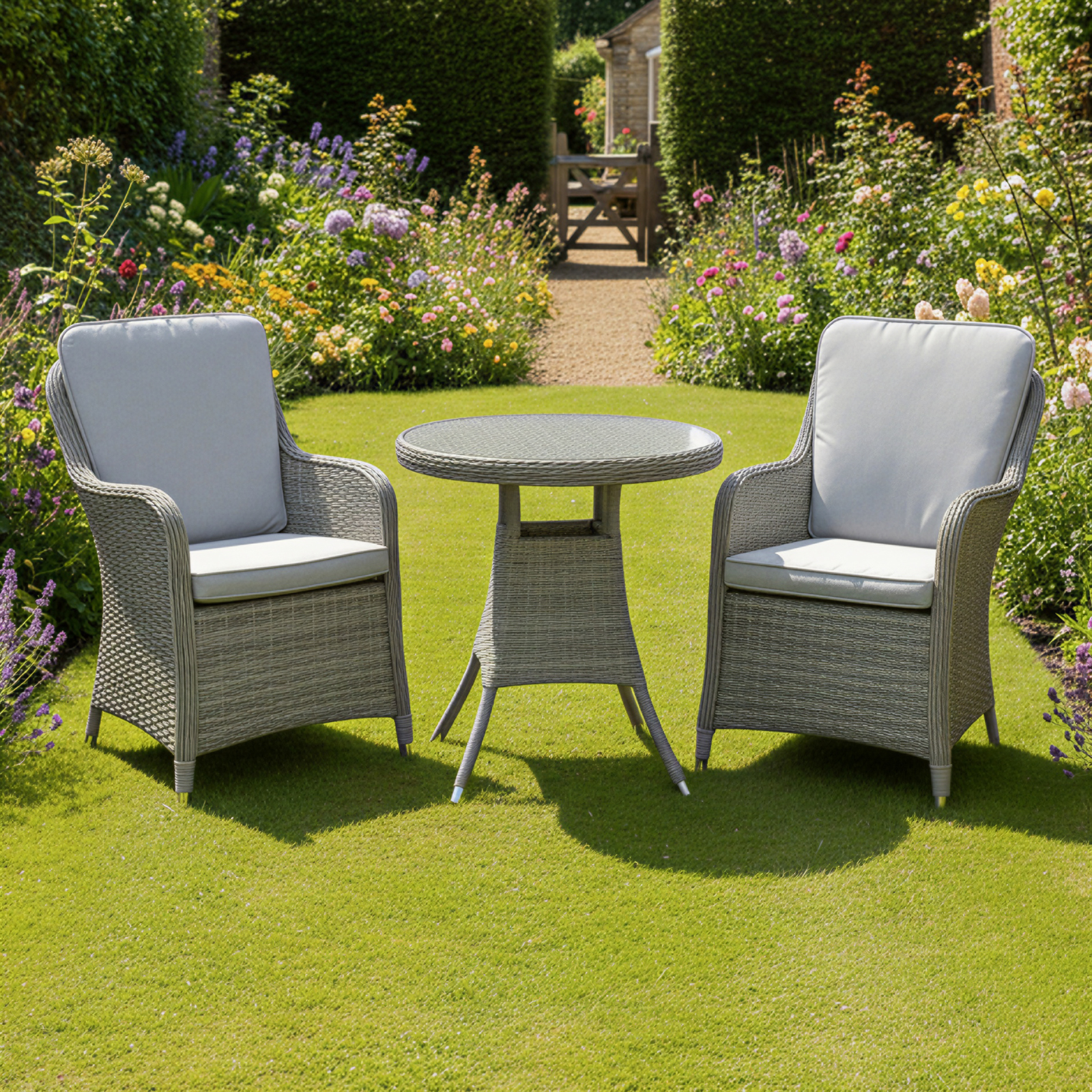 hampton rattan 2 seat bistro set in dove grey with light grey cushions