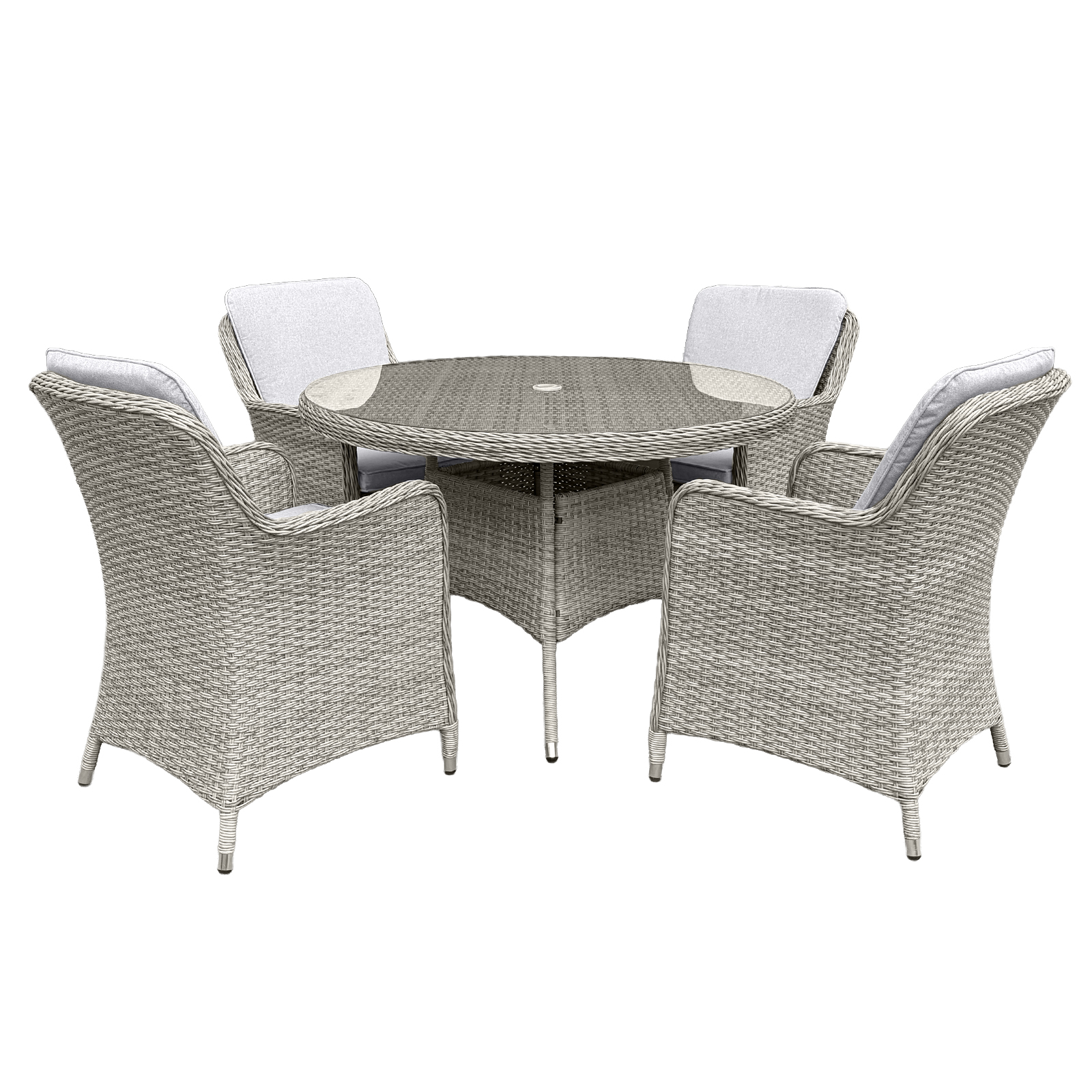 hampton rattan 4 seat dining set in dove grey with light grey cushions
