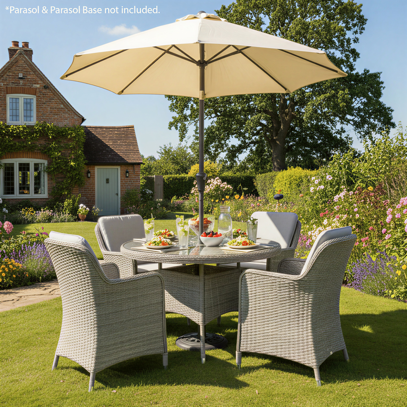 hampton rattan 4 seat dining set in dove grey with light grey cushions