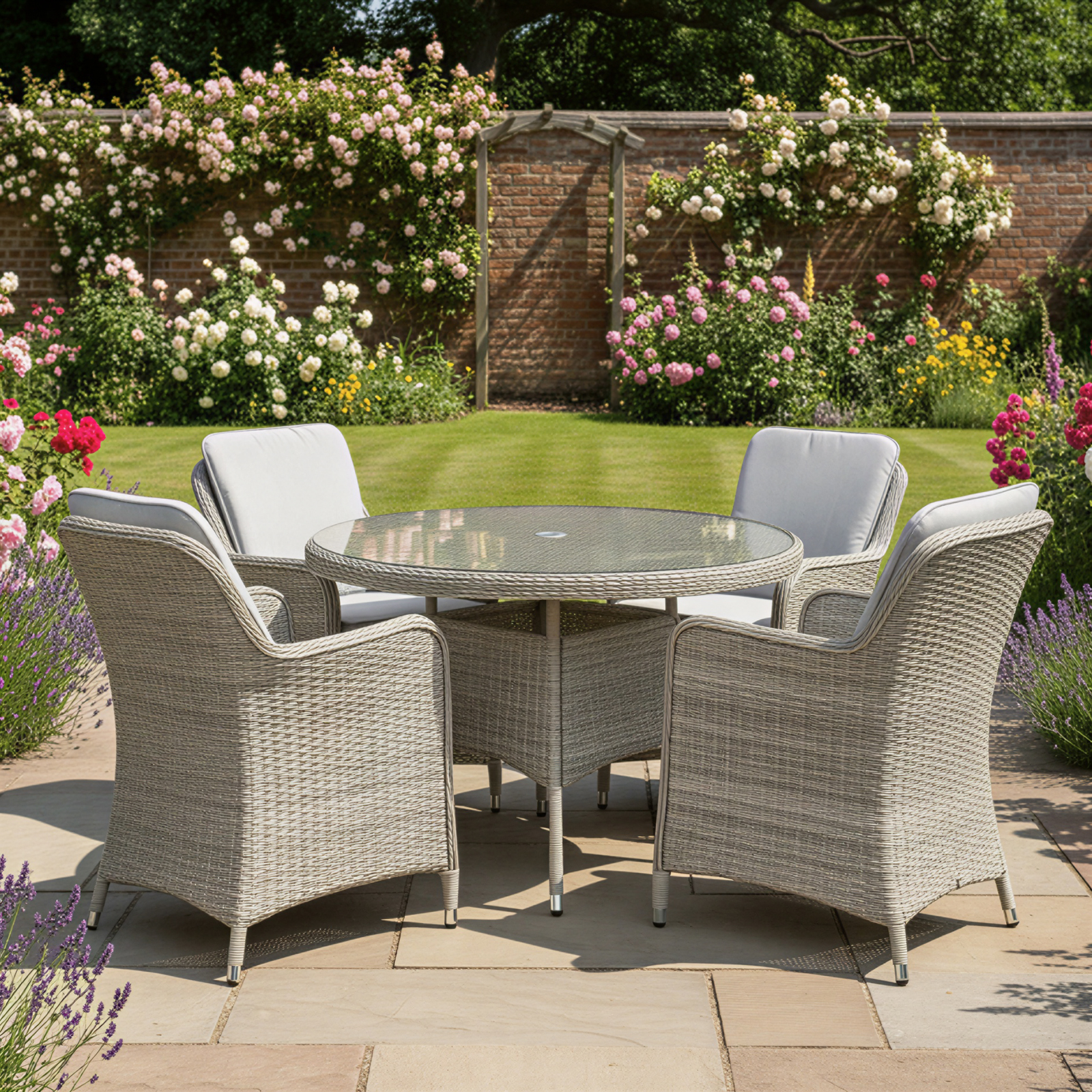 hampton rattan 4 seat dining set in dove grey with light grey cushions