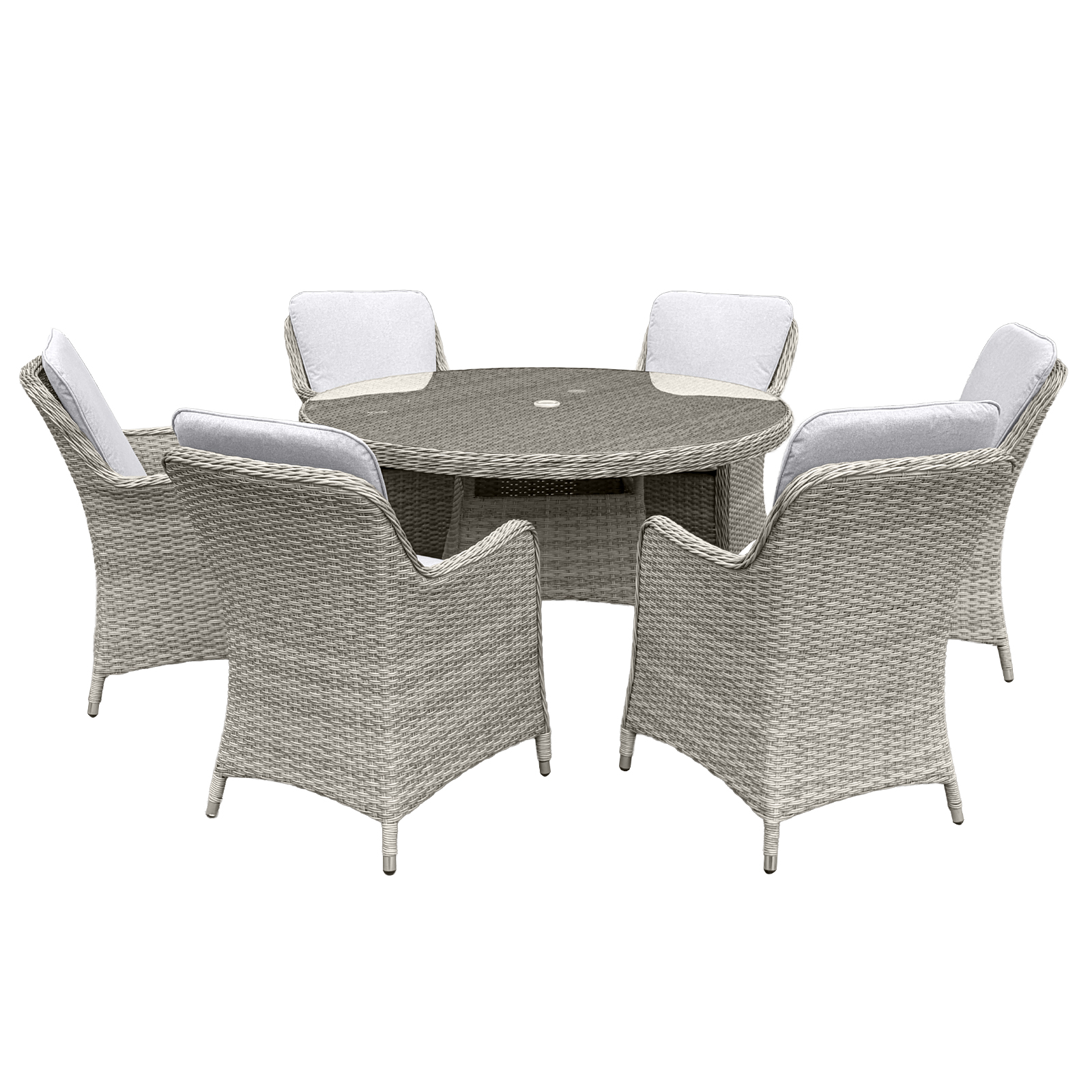 hampton rattan 6 seat dining set in dove grey with light grey cushions