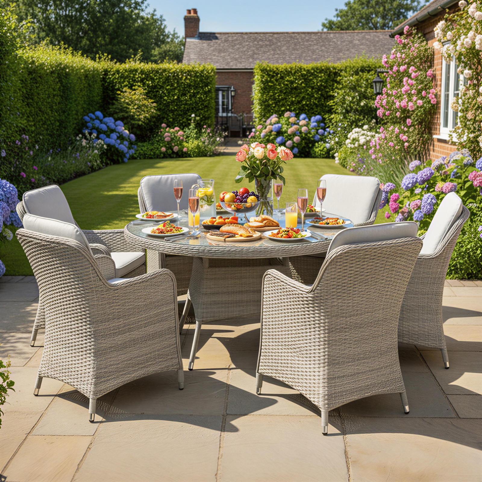 hampton rattan 6 seat dining set in dove grey with light grey cushions