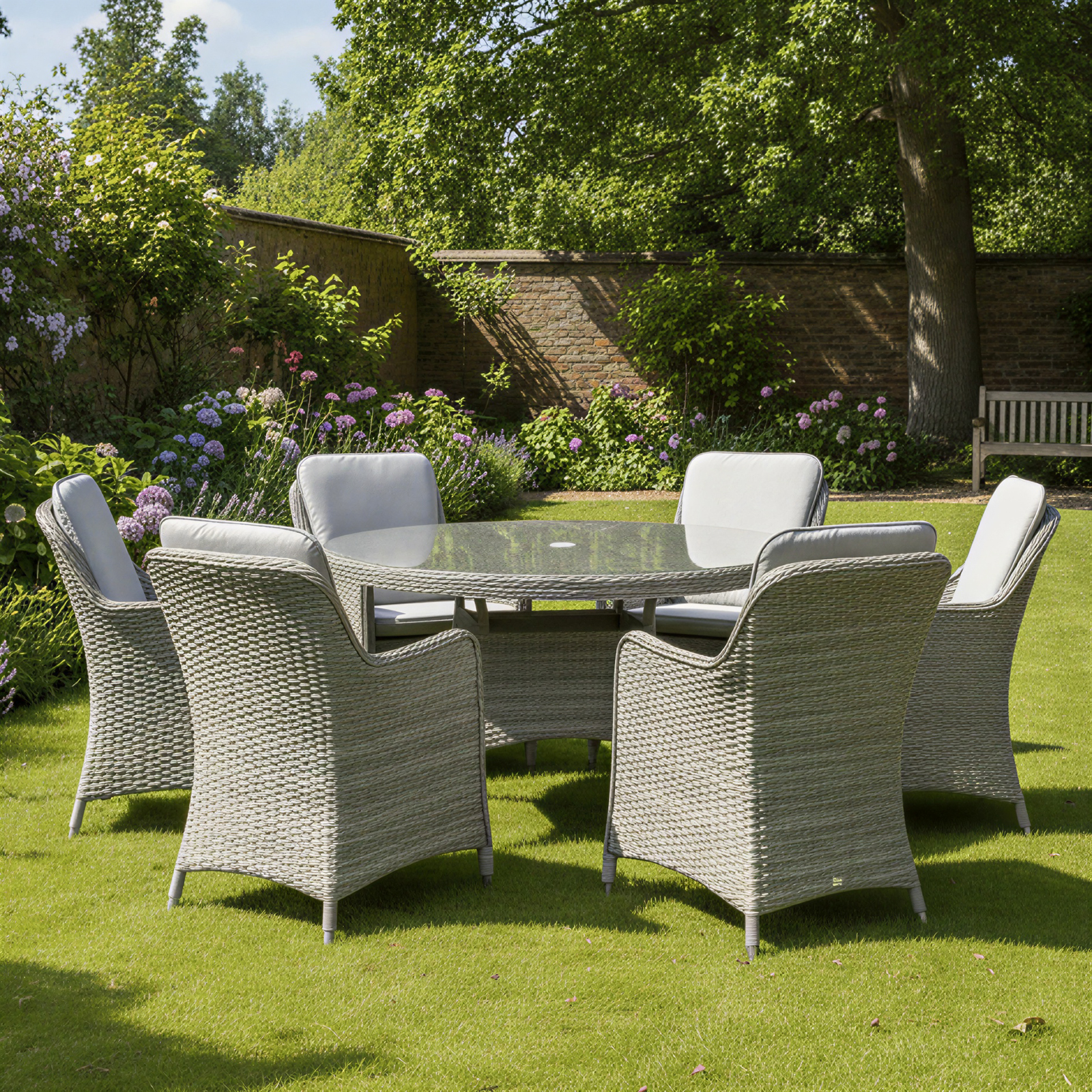 hampton rattan 6 seat dining set in dove grey with light grey cushions