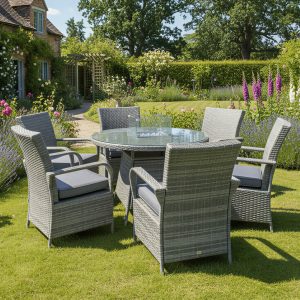 Windsor XL Rattan 6 Seat Firepit Dining Set in Mixed Grey