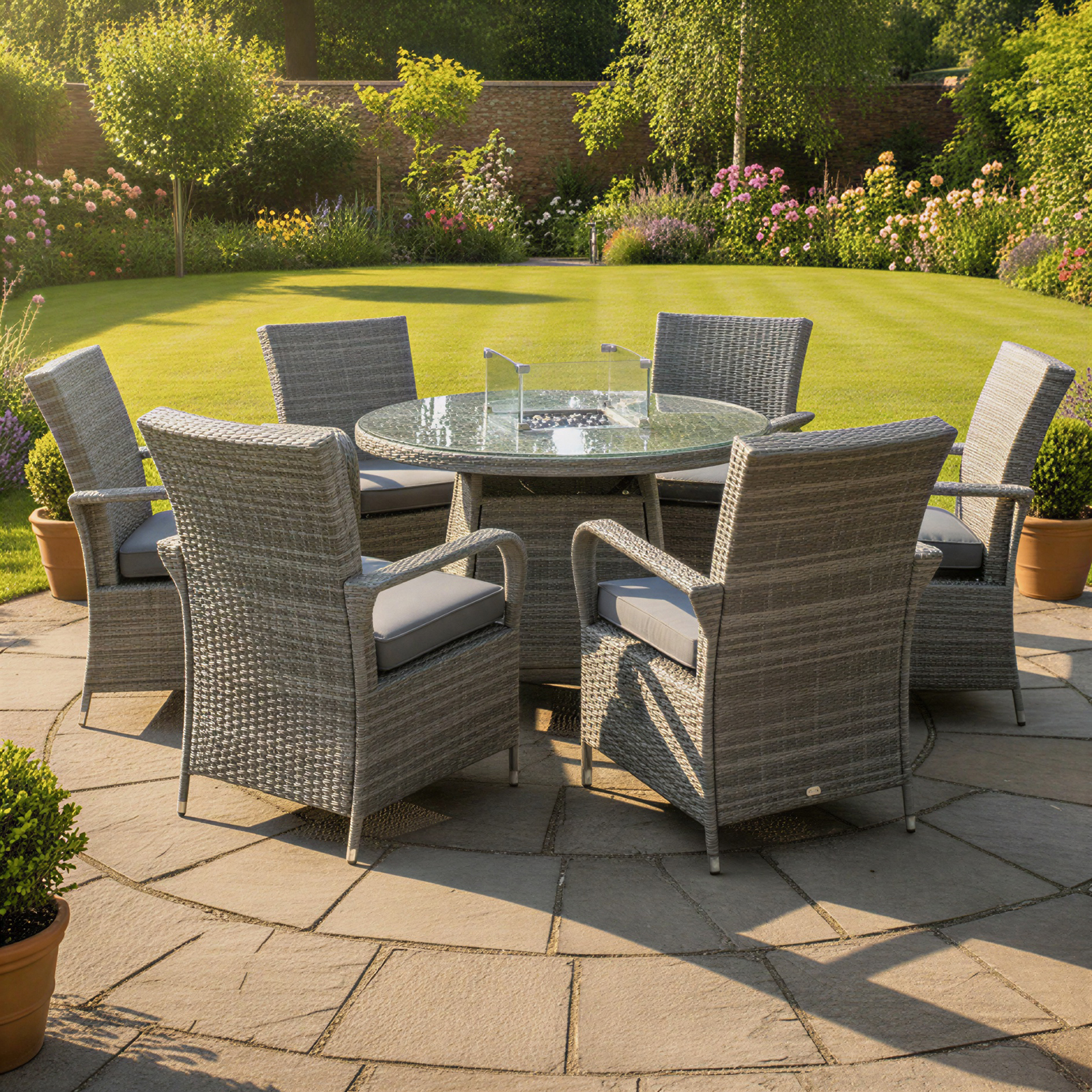 windsor xl rattan 6 seat firepit dining set in mixed grey
