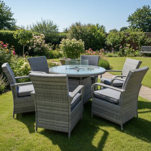Windsor XL Rattan 6 Seat Firepit Dining Set in Mixed Grey