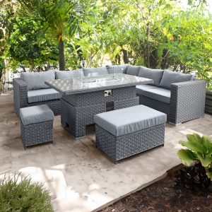Buxton rattan 9 seat rising firepit corner set in ocean grey with grey cushions