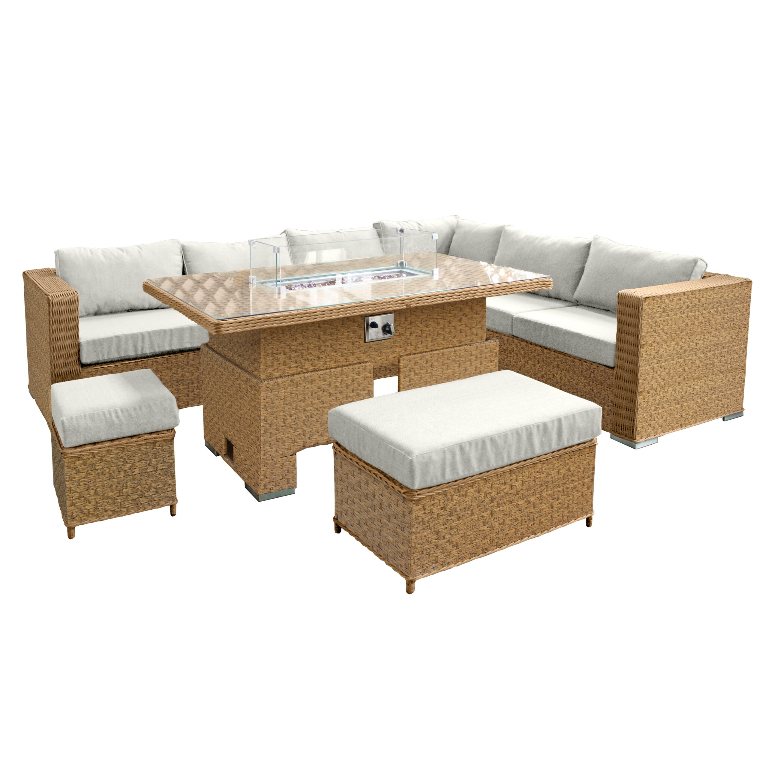 Buxton rattan 9 seat rising firepit corner set in mixed brown with taupe cushions
