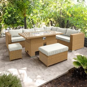Buxton rattan 9 seat rising firepit corner set in mixed brown with taupe cushions